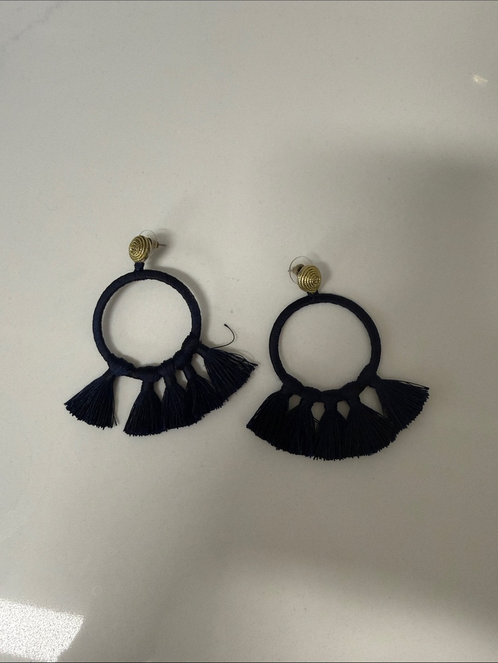 Anthropologie Navy Tassel Hoop Drop Earrings